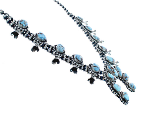 Navajo Genuine Sterling Silver Golden Hill Turquoise Squash Blossom Necklace Set JX127021